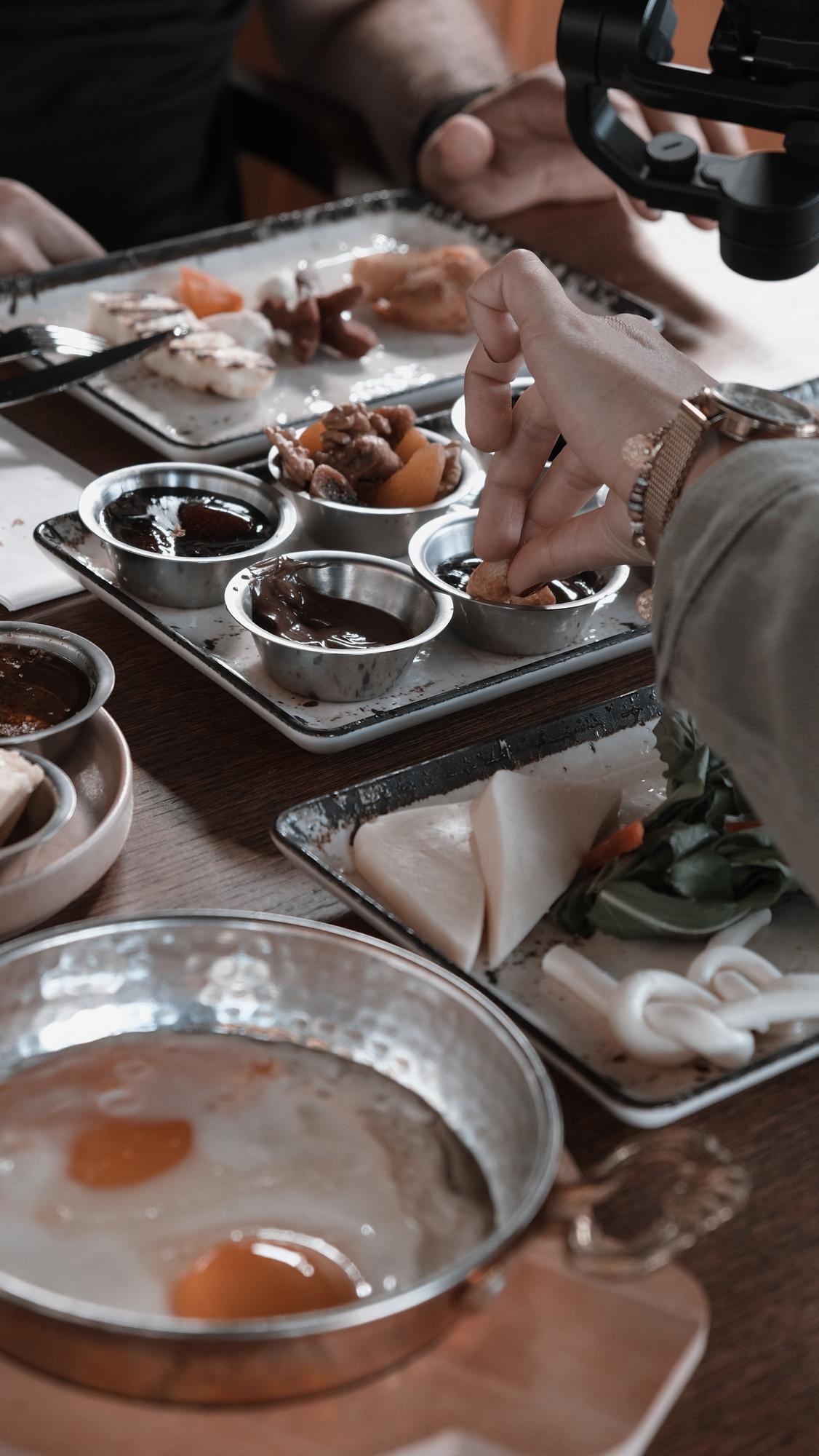 Workshop table with plated desserts and tools